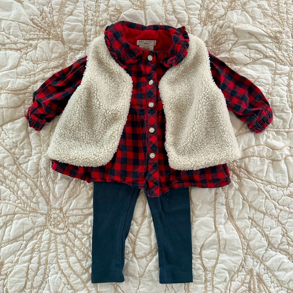 Baby Girl Flannel & Vest Set with Leggings, 6-9M
